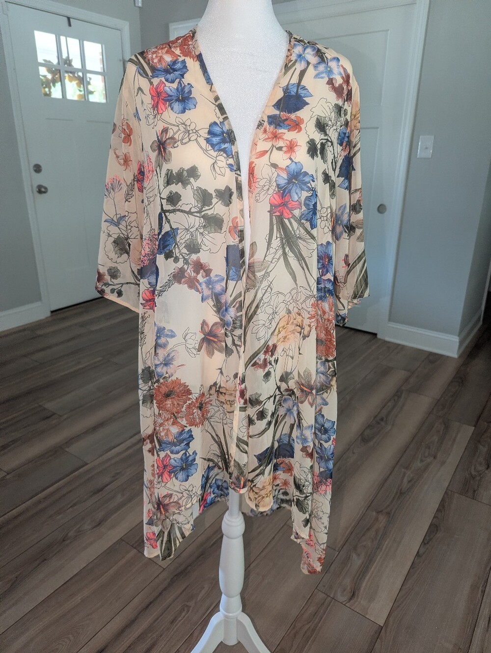 Forever 21 Beige Floral Kimono Cardigan with Blue and Pink Flowers